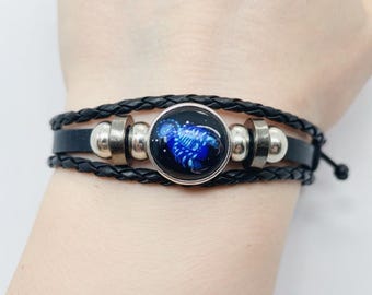 Handmade Scorpio Zodiac Bracelet, Black Leather Braided Wrap with Scorpio Symbol Charm, Adjustable Wristband Gift for Men Women