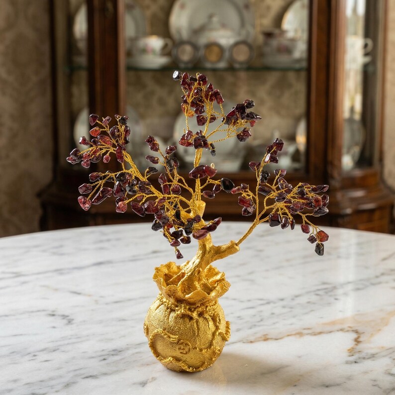 Handcrafted Red Garnet Crystal Tree, Burgundy Gemstone Chips on Gold Wire, Prosperity Style Decor for Workspace, Studio, or Entry Table