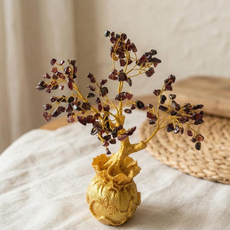 Red Garnet Crystal Bonsai Tree of Life Style Decor, Handwired Gemstone Branches, Beautiful Shelf Accent for Focus, Courage and Vitality