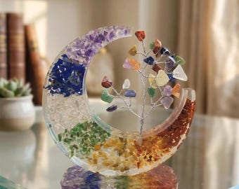 7 Chakra Crystal Tree, Crescent Moon Resin Decor with Gem Chips and Wire Tree, Reiki Meditation Altar Accent, Spiritual Gift for Her Him