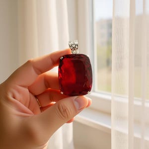 Può includere: Un grande pendente rettangolare sfaccettato in pietra preziosa rosso intenso con una cauzione color argento. Il pendente è tenuto contro una finestra con una luce naturale soffusa.