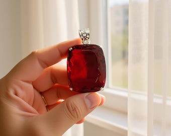 Cushion Cut Ruby Pendant Necklace 90–100Ct | Deep Red Gem | Silver Chain | Handmade July Birthstone Jewellery | Anniversary Gift