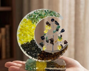 Multi Gemstone Orgonite Moon Stand, Crystal Tree Wire Bonsai Inside Crescent, Positive Energy Home Decor, Reiki Gift for Office Desk Shelf