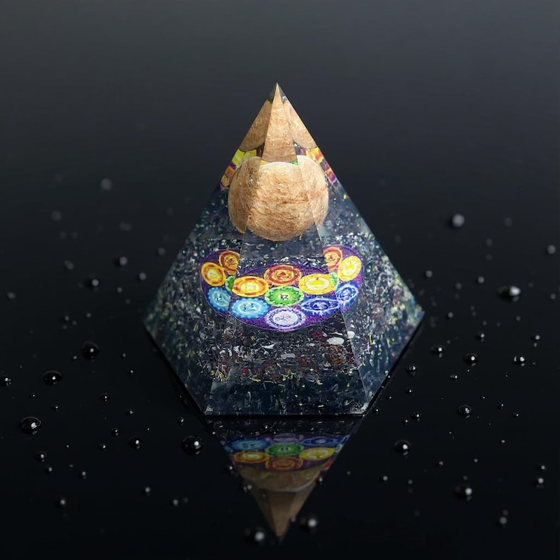 Garnet Chakra Orgone Pyramid, Resin Crystal Energy Decor with Rainbow Chakra Design, Yoga Meditation Tool, Reiki Altar Gift for Home