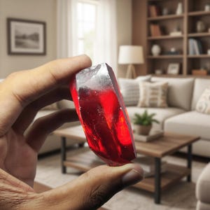 Puede incluir: Un cristal rojo facetado y translúcido se sostiene frente a un fondo borroso de sala de estar. El cristal tiene una superficie rugosa e irregular y refleja la luz, mostrando su color rojo intenso. El cristal se sostiene entre los dedos.