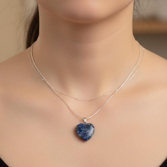 Natural Sodalite Crystal Heart Pendant Necklace, Spiritual Gemstone Jewellery for Calm Mind and Minimalist Modern Style Wear