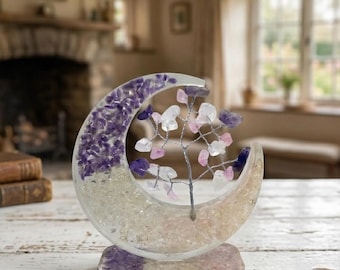 Moon Shaped Crystal Tree with Amethyst and Rose Quartz Chips, Clear Quartz Base, Wire Tree Sculpture, Mindful Decor Gift for New Home