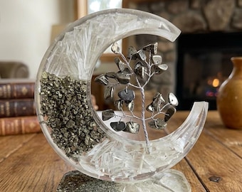 Quartz and Pyrite Crystal Tree on Moon Stand, Orgonite Style Resin Decor, Abundance Protection Symbol, Boho Shelf Accent, Birthday Gift Idea