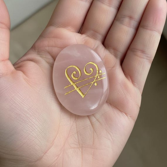 Engraved Rose Quartz Love Sigil Stone, 528 432 111 Worry Palm Crystal for Calm Heart Energy, Reiki Meditation Tool, Gift for Partner