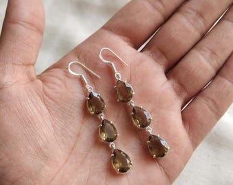 Smoky Quartz Drop Earrings Long, Three Faceted Teardrops, Warm Taupe Brown Shine, Silver Tone Hardware, Handmade Style Jewellery Gift
