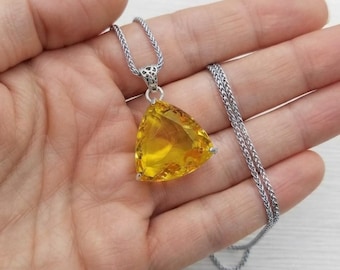 Yellow Sapphire Necklace 100-110Ct Trillion Pendant, Sunshine Yellow Gemstone Jewellery, Rhodium Finish Silver Tone Chain, Bold Gift Women