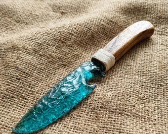 Aqua Blue Obsidian Athame Knife, Ritual Tool for Energy Work and Altar Decor, Wooden Handle, Handcrafted Pagan Wiccan Gift for Witch