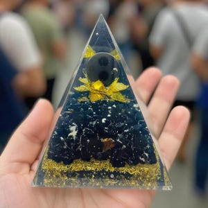 Black Tourmaline Orgonite Pyramid, Handmade Resin Energy Decor with Gold Flakes for Protection Intentions, EMF Shielding Desk Gift