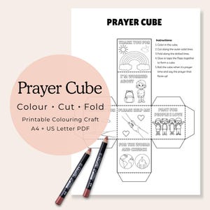May include: A printable Prayer Cube coloring craft with instructions, featuring illustrations and text prompts like "Thank You For" and "Pray for People I Love." Includes two colored pencils and the text "Prayer Cube" in a pink circle.