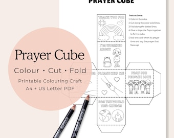 May include: A printable Prayer Cube coloring craft with instructions, featuring illustrations and text prompts like "Thank You For" and "Pray for People I Love." Includes two colored pencils and the text "Prayer Cube" in a pink circle.