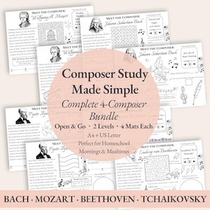 May include: A set of printable educational resources for studying composers. The bundle features worksheets and activities for Bach, Mozart, Beethoven, and Tchaikovsky. Ideal for home schooling and designed for mornings and mealtimes.