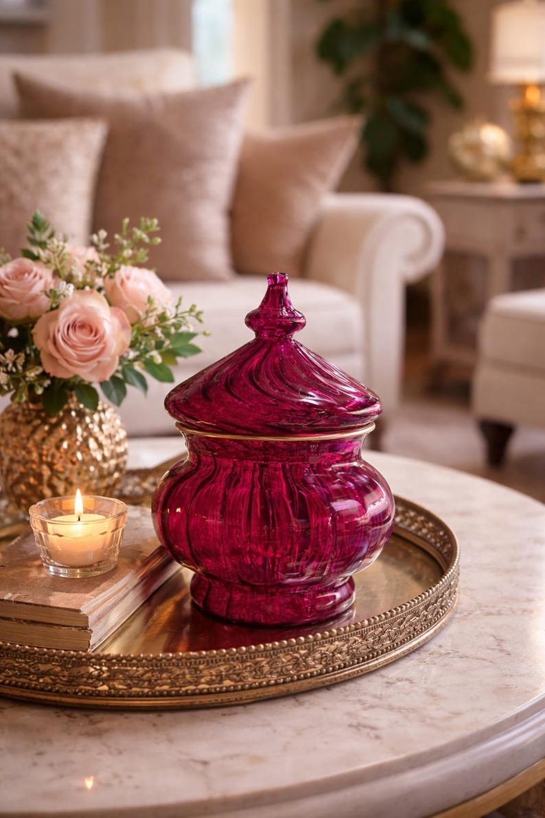 May include: A ruby-coloured glass jar with a lid, displayed on a gold-rimmed tray. The jar features a swirling pattern and gold trim. A lit candle and a bouquet of pink roses in a gold vase are also visible.
