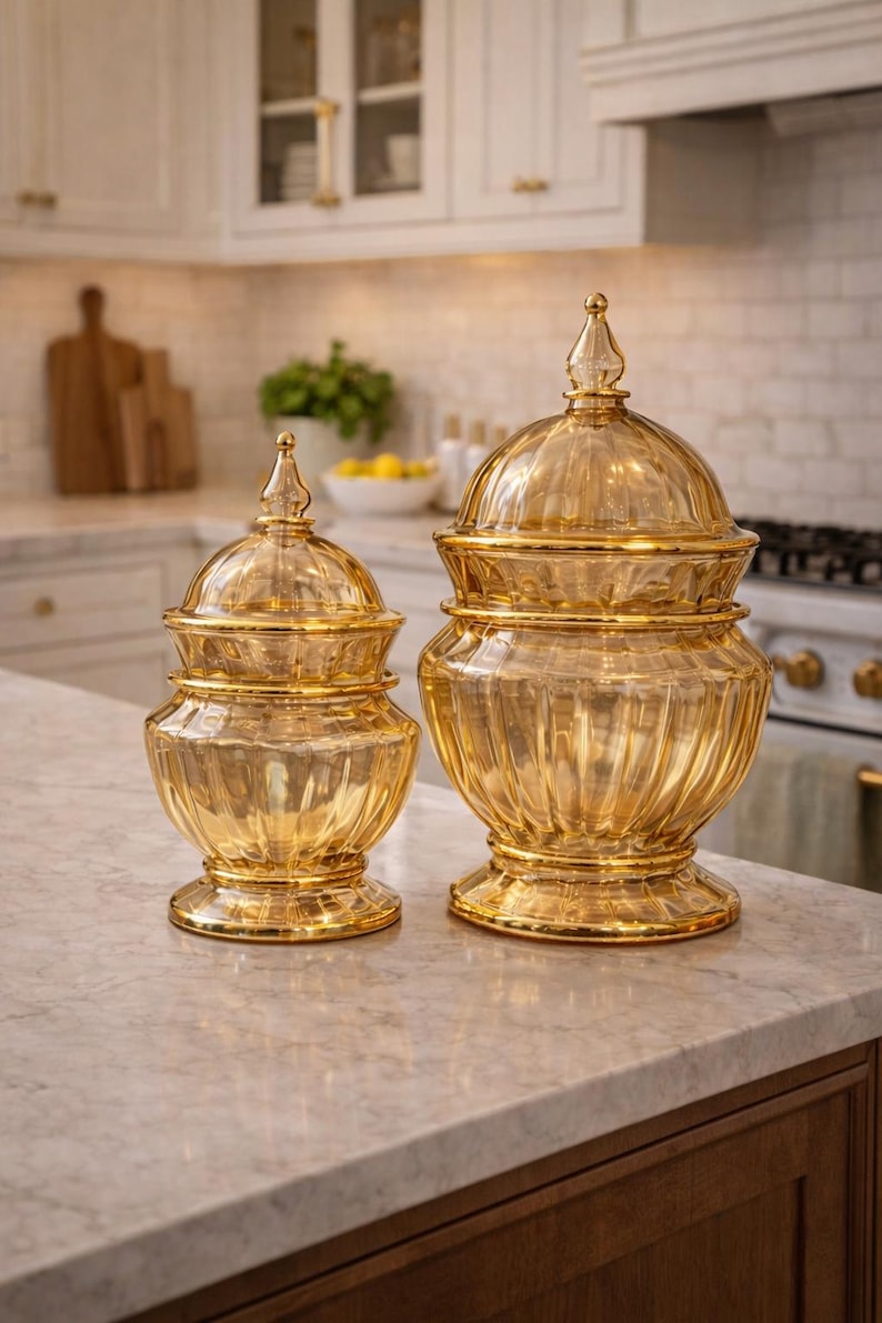 May include: Two decorative glass jars with lids. The jars are amber-colored with gold trim and a ribbed design. The jars are different sizes and sit on a marble countertop in a kitchen setting.