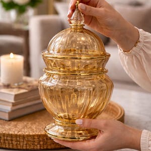 May include: A decorative amber glass jar with a lid, featuring a ribbed design and gold trim. The jar is held by a person. The jar is approximately 10 inches tall.