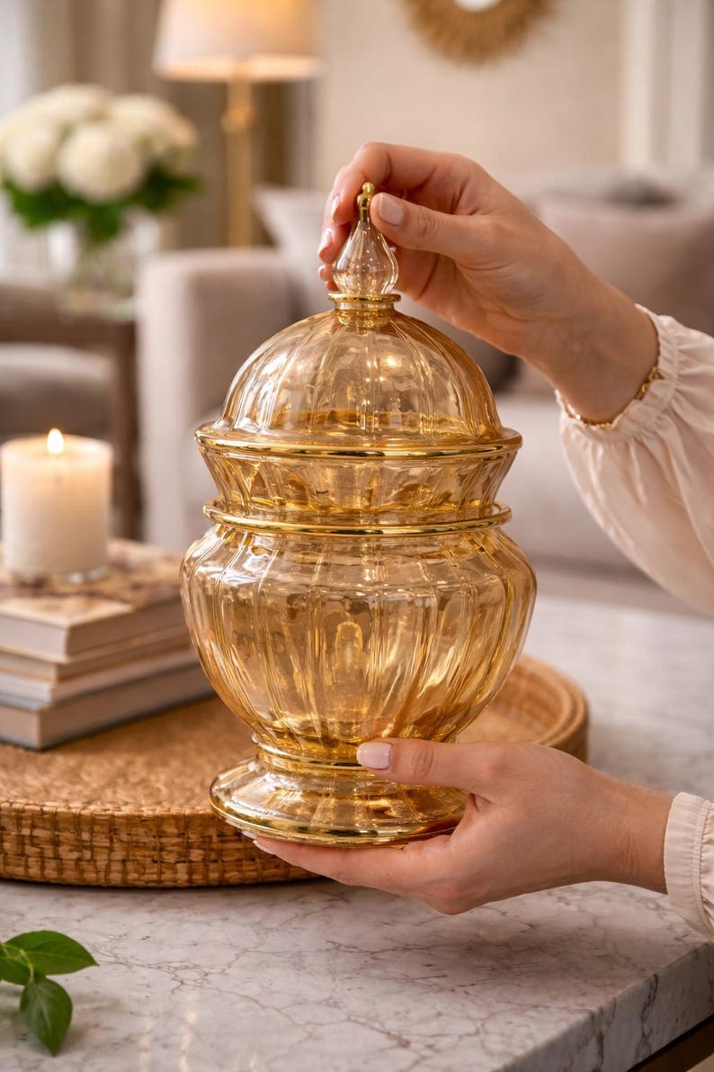 May include: A decorative amber glass jar with a lid, featuring a ribbed design and gold trim. The jar is held by a person. The jar is approximately 10 inches tall.