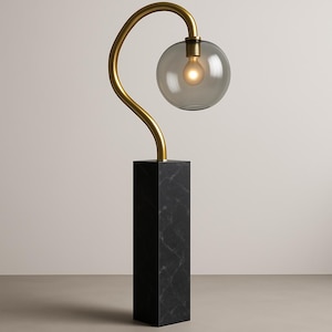 Modern Handblown Glass Floor Lamp - Brass & Marble Stand Light - Art Deco Lighting - Elegant Minimalist Lamp for Living Room, Office