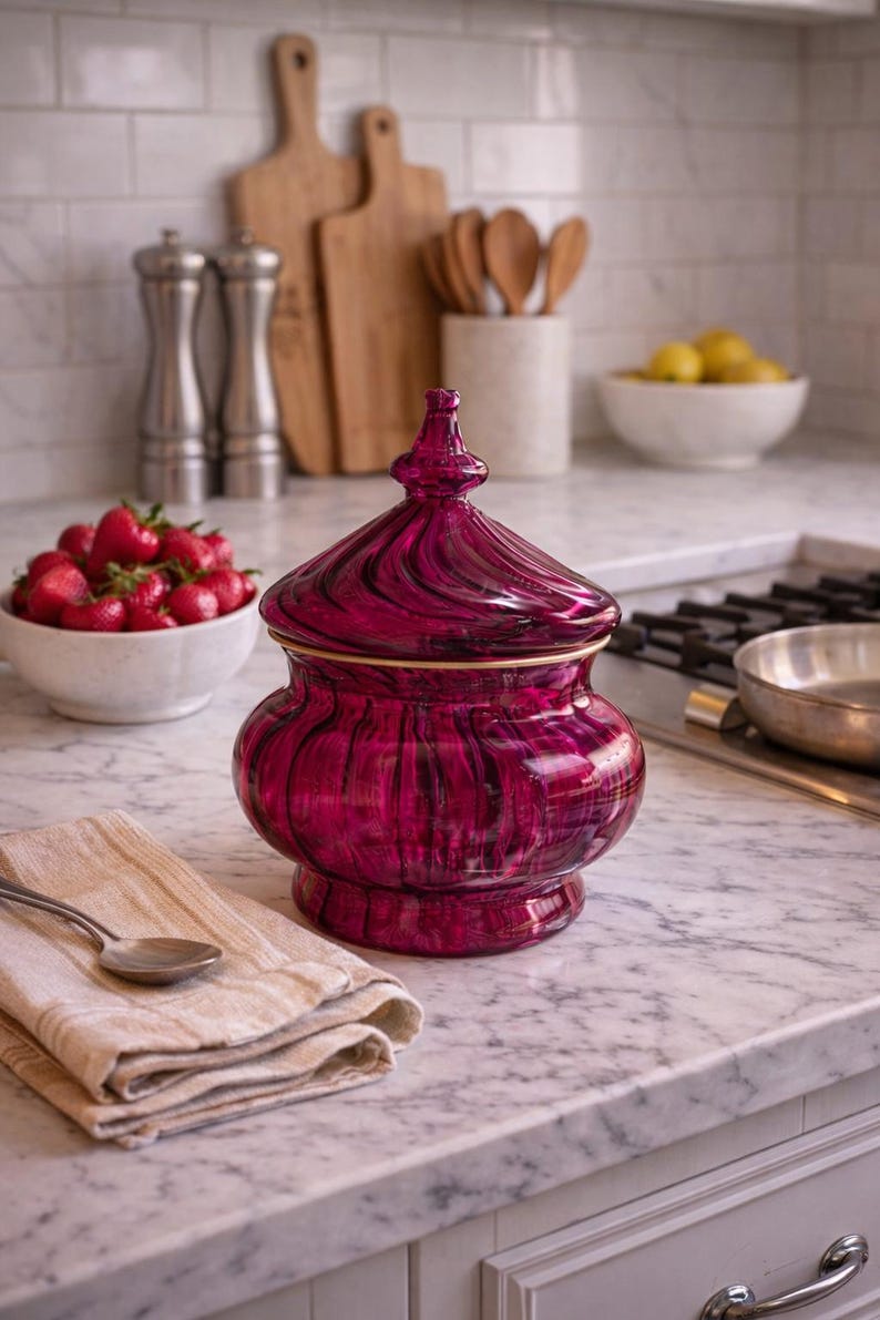 May include: A magenta glass jar with a lid and gold trim, displayed on a marble surface. The jar is part of a kitchen setting, with a spoon, napkin, and a bowl of strawberries nearby. The jar's height is approximately 20 cm.