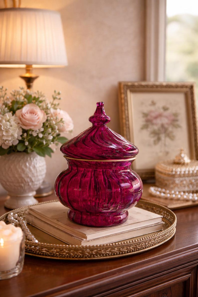 May include: A deep magenta glass jar with a lid, featuring a swirling design and gold trim. The jar sits on a stack of books on a gold-toned tray, alongside a lit candle and a vase of flowers. The jar is a decorative home accent.