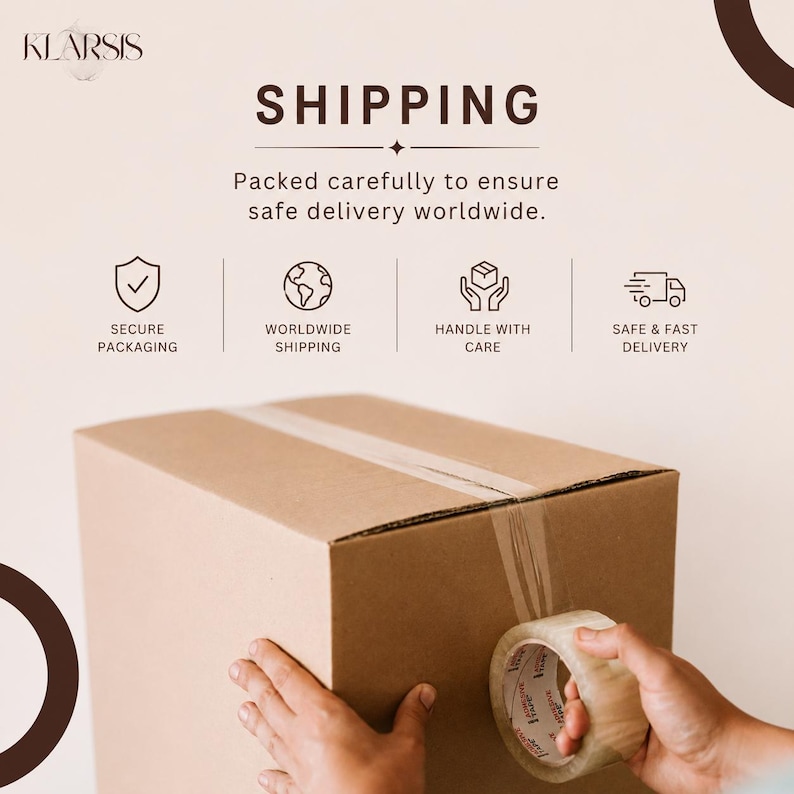 May include: A person sealing a cardboard box with clear tape. The image includes the word "SHIPPING" and the phrase "Packed carefully to ensure safe delivery worldwide." Icons represent secure packaging, worldwide shipping, handle with care, and safe & fast delivery.