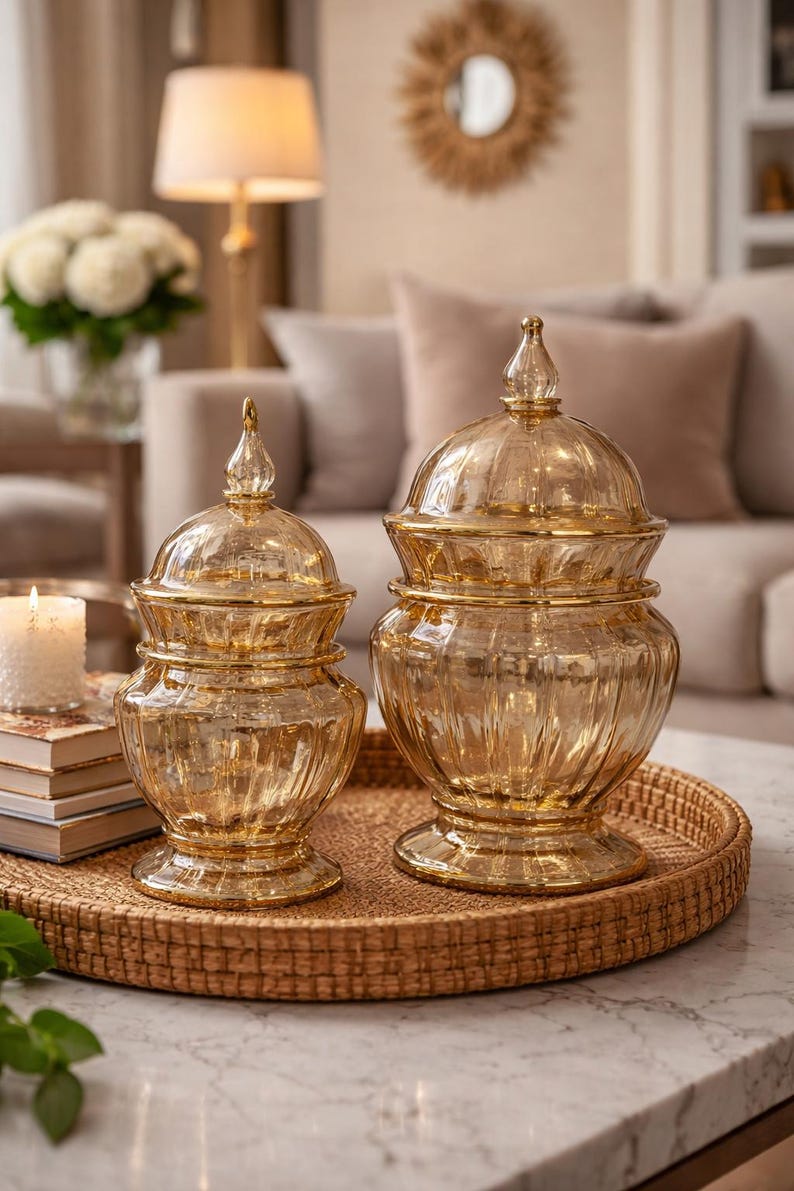 May include: Two decorative glass jars with lids, in a warm amber color, sit on a woven tray. The jars have a ribbed design and are topped with a clear, teardrop-shaped finial. The tray is placed on a marble-like surface.