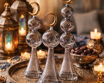Hand Blown Glass Ramadan Minaret Figurine with Golden Crescent Moon | Islamic Home Decor | Ramadan Table Decoration | Handmade Glass Art