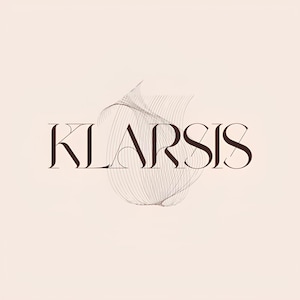May include: The word "KLARSIS" is displayed in a dark brown serif font against a pale pink backdrop. A subtle, abstract design of curved lines in a lighter brown shade is positioned behind the text, enhancing the design's elegance.