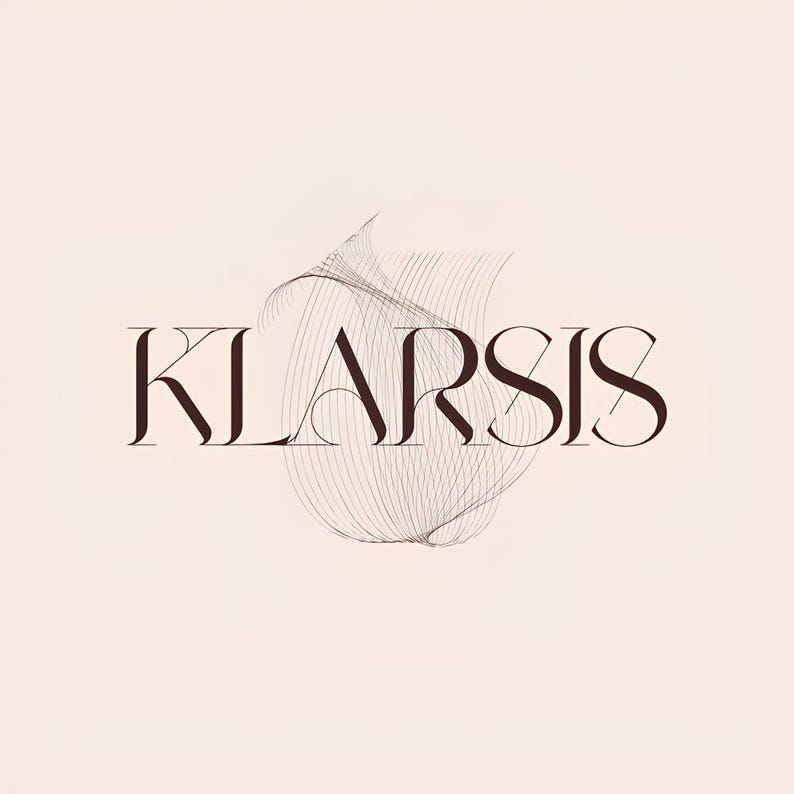 May include: The word "KLARSIS" is displayed in a dark brown serif font against a pale pink backdrop. A subtle, abstract design of curved lines in a lighter brown shade is positioned behind the text, enhancing the design's elegance.