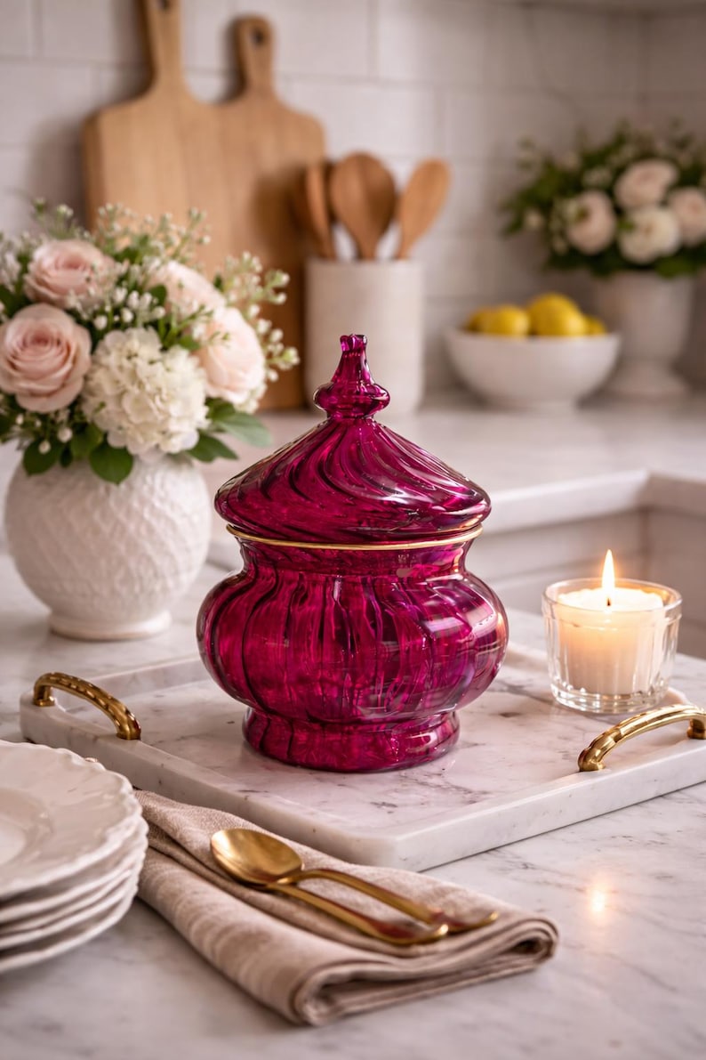 May include: A vibrant, ruby-red glass jar with a lid and gold trim is displayed on a marble tray with gold handles. A lit candle and white plates are also present. The kitchen setting includes flowers and wooden utensils.