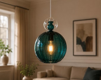 Hand Blown Glass Pendant Light, Teal Green Hanging Lamp, Modern Glass Pendant Lighting, Kitchen Island Light, Scandinavian Ceiling Light