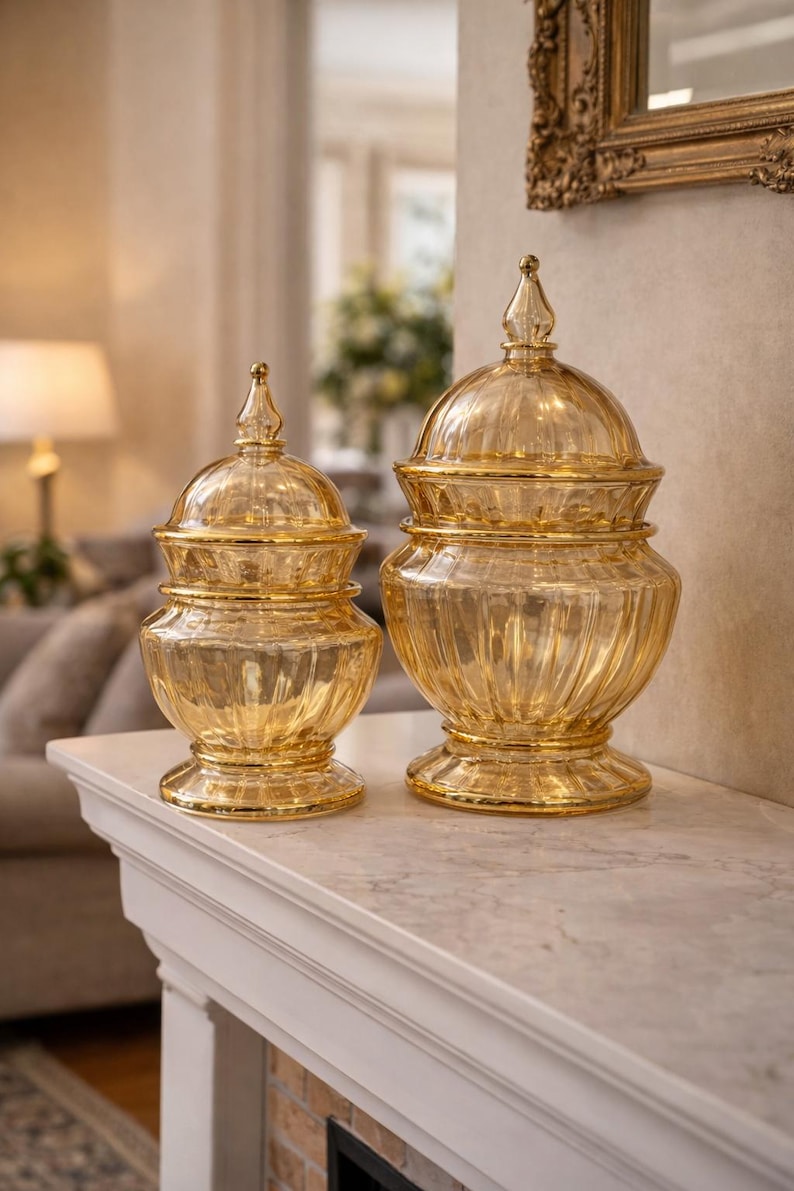 May include: Two decorative glass jars with lids. The jars are amber-colored with a ribbed design and gold accents. They are displayed on a white mantelpiece. The jars have a classic, elegant shape, suitable for home decor.