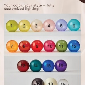 Pu&ograve; includere: Una selezione di diciannove sfere di vetro colorate, ognuna con una tonalit&agrave; unica e numerata da uno a diciannove. Il testo "Your color, your style - fully customized lighting!" &egrave; visualizzato sopra le sfere.