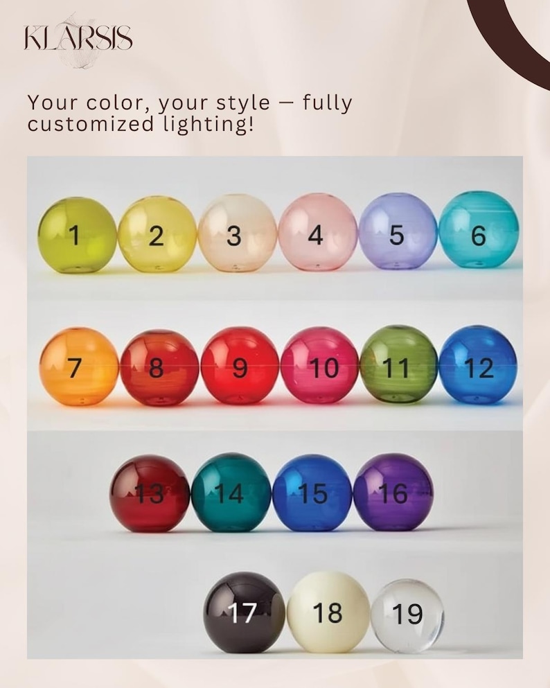 Pu&ograve; includere: Una selezione di diciannove sfere di vetro colorate, ognuna con una tonalit&agrave; unica e numerata da uno a diciannove. Il testo "Your color, your style - fully customized lighting!" &egrave; visualizzato sopra le sfere.