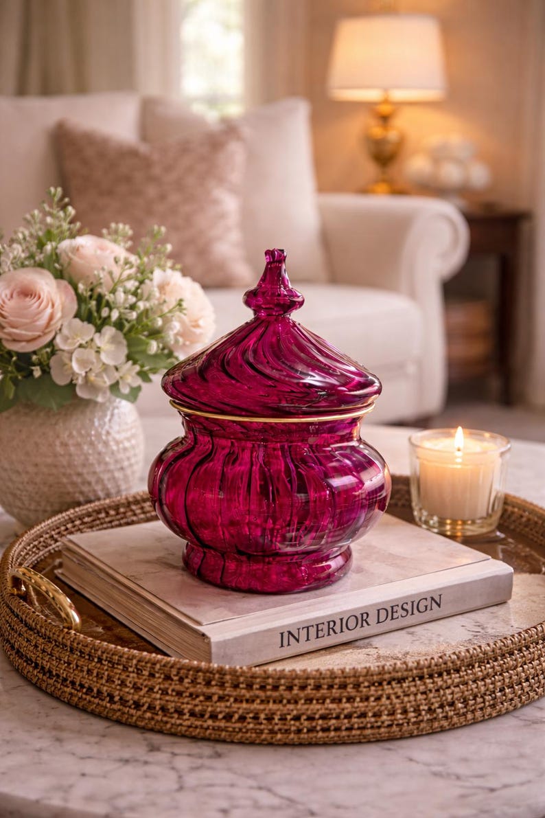 May include: A decorative, ruby-coloured glass jar with a lid, accented with gold trim, sits on a woven tray. The tray also holds a book with "INTERIOR DESIGN" printed on the cover and a lit candle. A vase of flowers is in the background.