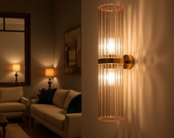 Elegant Fluted Glass Wall Sconce - Solid Brass, Handcrafted Quality, Art Deco Wall Light, Mid Century Sconce, Antique Sconce, Wall Sconce