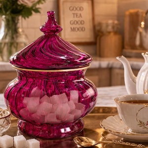 May include: A vibrant fuchsia glass jar with a lid, filled with sugar cubes. The jar features a gold rim and a swirling design. A teacup and saucer are in the foreground, and a sign reading "Good Tea Good Mood" is in the background.