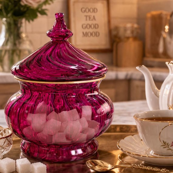 Hand Blown Glass Candy Jar with Lid, Magenta Decorative Glass Container, Luxury Kitchen Decor, Artisan Storage Jar, Unique Gift Idea