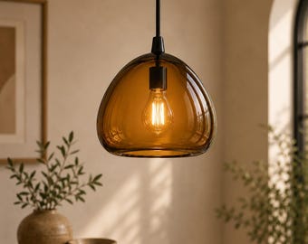 Hand Blown Glass Pendant Light, Amber Glass Hanging Lamp, Modern Kitchen Island Lighting, Minimalist Ceiling Light, Luxury Pendant Lamp