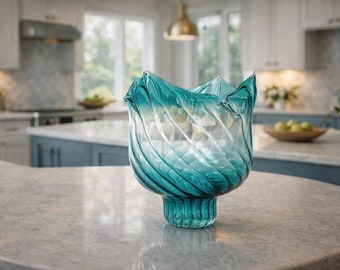 Vaso in vetro soffiato a mano color verde acqua, centrotavola in vetro artistico sfumato, arredamento moderno per la tavola da pranzo, vaso scultoreo, arredamento contemporaneo per la casa