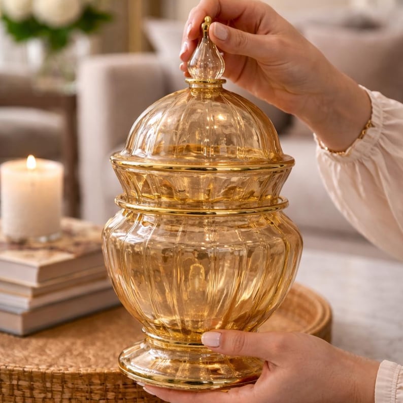 May include: A decorative amber glass jar with a lid, featuring a ribbed design and gold accents. The jar is held by a person. The jar is likely used for storage or display. The jar is sitting on a brown surface.