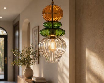 Hand Blown Glass Pendant Light, Amber Olive Green Clear Glass Lamp, Kitchen Island Hanging Light, Modern Ribbed Glass Ceiling Fixture