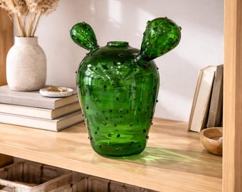 Hand-Blown Green Glass Cactus Vase | Art Glass Centerpiece | Modern Decorative Vase | Shelf & Table Decor | Vases for Flowers