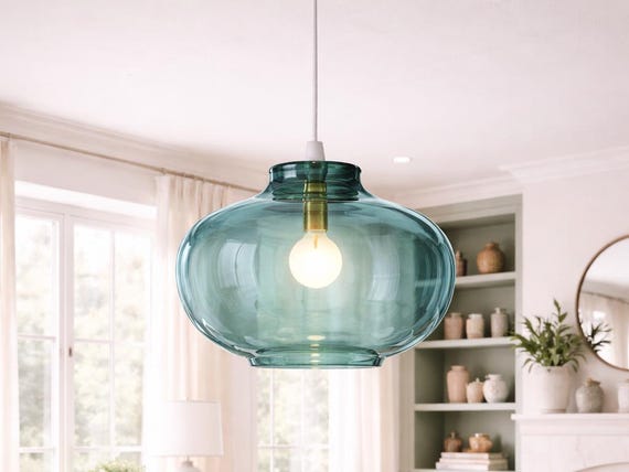 Blown Glass Pendant Light Teal Handmade Ceiling Light Fixture for Kitchen Island or Dining Customizable Modern Hanging Lamp