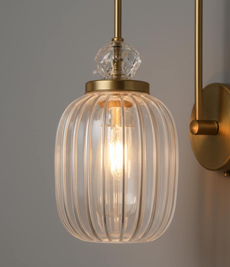 Ribbed Glass Wall Sconce, Modern Brass Wall Light, Bedside Wall Lamp ...
