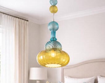 Hand Blown Yellow & Aqua Ribbed Glass Hanging Lamp Handmade Modern Ceiling Light Fixture for Kitchen Island Customizable Chandelier Lighting