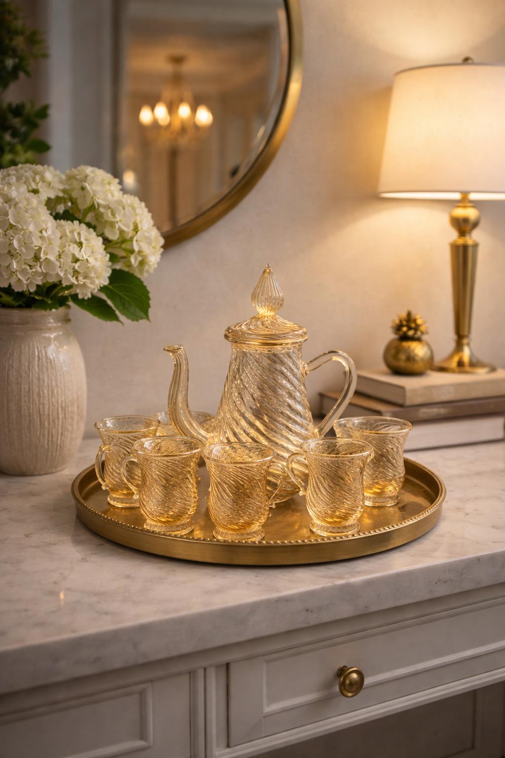 Luxury Hand Blown Glass Tea Set With Gold Rim – Amber Swirl Teapot and ...